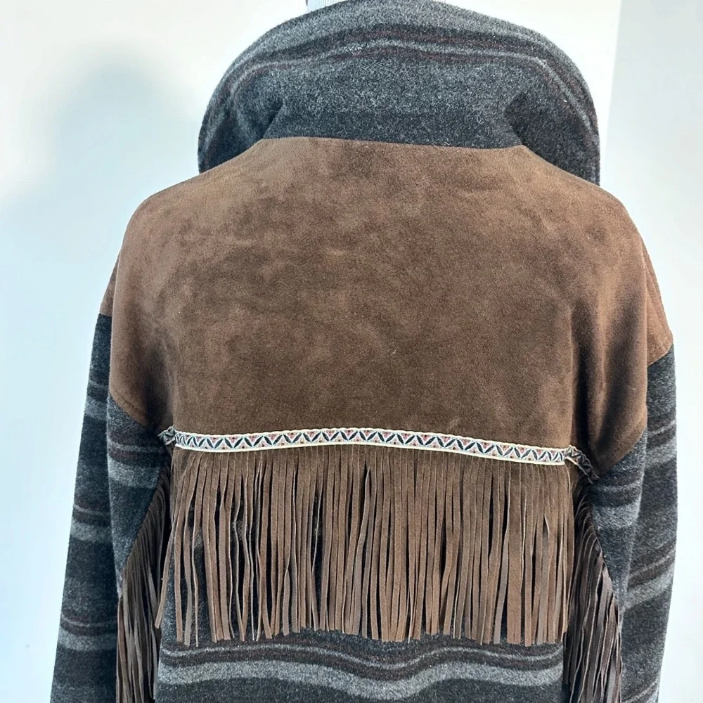 BLEU BLANC ROUGE Vintage Women L Brown/Blue Coat Fringe Suede Yellowstone Tribal